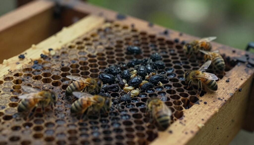 A close-up view of a beehive frame showcasing several beehive cells, some uncapped, revealing dead larvae within. The cells have a dark, honeycomb structure, with signs of decay indicating the presence of Black Queen Cell Virus. In the foreground, a few worker bees are present, appearing distressed, with their wings slightly spread as they investigate the larvae. The middle area highlights the dark larvae, providing a clear focus on their deteriorating state. The background features blurred hive components and soft, natural forest lighting filtering in, creating a somber and serious atmosphere. Use a macro lens perspective to intensify the details, with sharp focus on the cells and bees while the ambient light casts gentle shadows to enhance the mood of distress and decay.