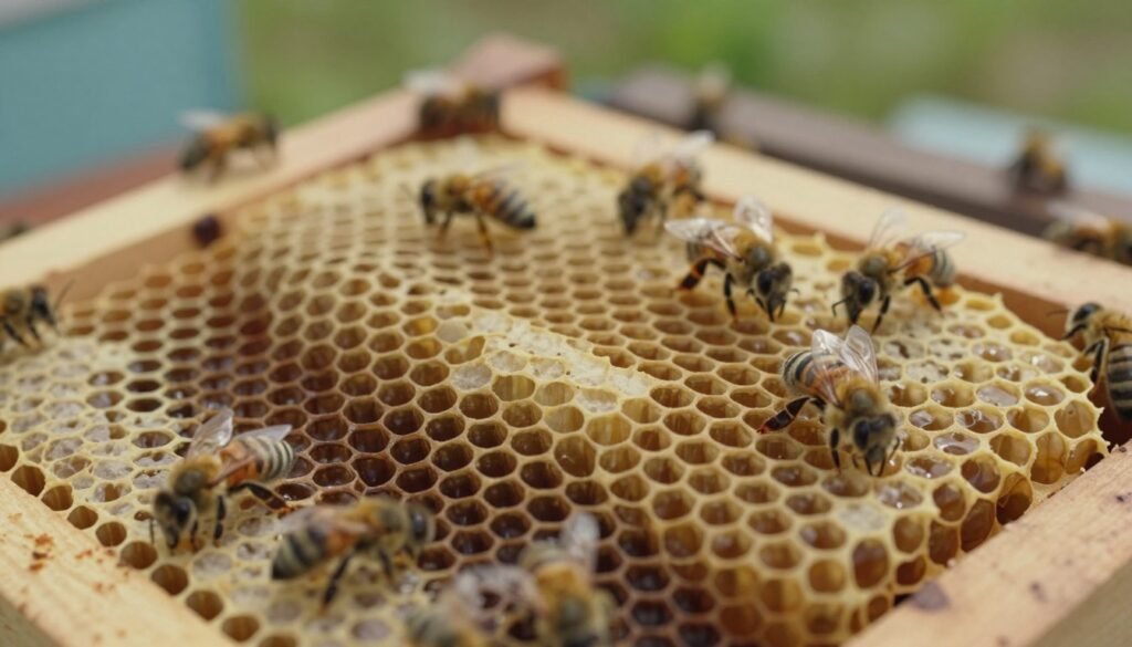 A close-up view of a beehive frame, showcasing the distinct features of drone cells and queen cells. In the foreground, vividly illustrate the hexagonal wax structures, highlighting the larger, elongated queen cells surrounded by smaller drone cells, all filled with honeycomb texture. The middle ground includes a few bees busily working around the cells, their detailed bodies glistening under soft, natural lighting that simulates a sunny day. In the background, a blurred hive with wooden frames adds depth and context. The overall atmosphere should convey a sense of calm observation, emphasizing the importance of recognizing these cell types for beekeeping. Utilize a shallow depth of field to bring focus to the cells while softly blurring the surrounding bees and hive details.
