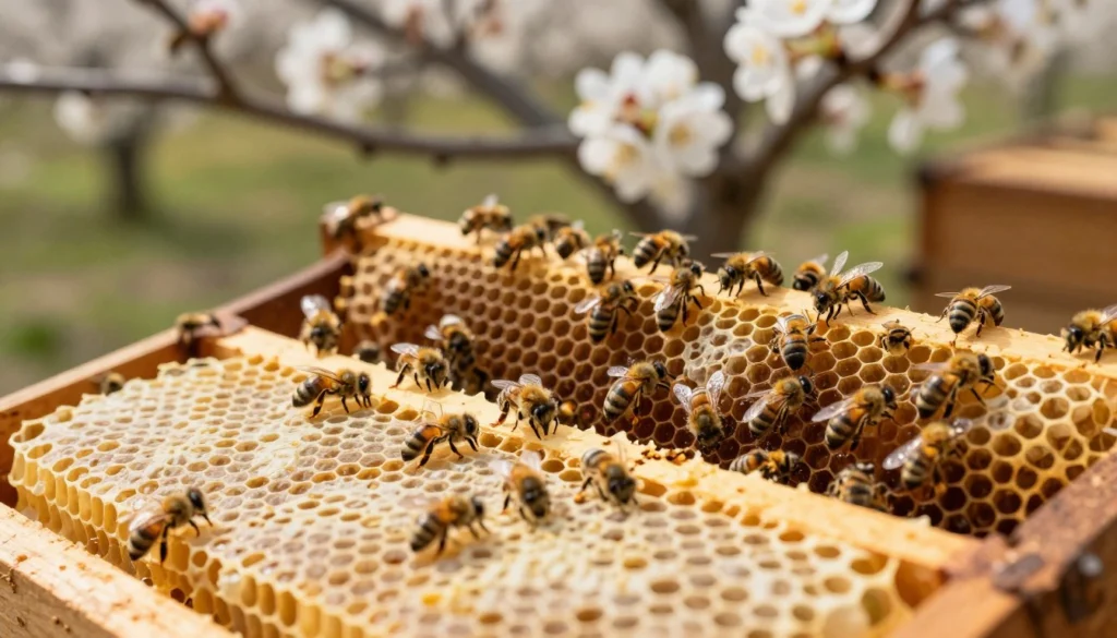 A close-up view of a beehive frame showcasing the impact of seasonal changes on honeycomb structure. In the foreground, depict partially drawn wax foundation, with bees actively working on it. The middle ground should include several frames with varying states of honeycomb—some fully drawn, others only recently started, demonstrating the contrast of new growth. The background features a blurred bee yard with blooming flowers, hinting at a vibrant spring environment, under warm sunlight. Use a shallow depth of field to emphasize the frames while softly blurring the background. Capture the mood of industriousness and natural beauty, reflecting the seasonal cycle and its influence on bee behavior. Use soft natural lighting to enhance the intricate details of the bees and honeycomb. A close-up view of a beehive frame showcasing the impact of seasonal changes on honeycomb structure