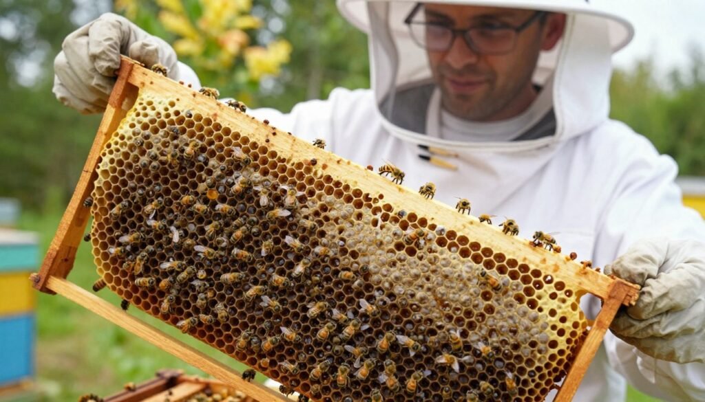 A close-up view of a beehive frame showcasing the intricate brood patterns filled with honeybee larvae. The foreground features a detailed, well-maintained frame with distinct, healthy brood cells in various stages, from eggs to mature larvae, highlighting the signs of stress among the bee population. In the middle, a beekeeper wearing a white suit and protective gear examines the frame with a focused expression, using a hive tool for inspection. The background includes a blurred setting of the apiary, with lush greenery and soft sunlight filtering through the trees, creating a warm and optimistic atmosphere. The image captures a sense of diligence and care in evaluating the hive's health, emphasizing the importance of brood inspection. A close-up view of a beehive frame showcasing the intricate brood patterns filled with honeybee larvae. The foreground features a detailed, well-maintained frame with distinct, healthy brood cells in various stages, from eggs to mature larvae, highlighting the signs of stress among the bee population. In the middle, a beekeeper wearing a white suit and protective gear examines the frame with a focused expression, using a hive tool for inspection. The background includes a blurred setting of the apiary, with lush greenery and soft sunlight filtering through the trees, creating a warm and optimistic atmosphere. The image captures a sense of diligence and care in evaluating the hive's health, emphasizing the importance of brood inspection.