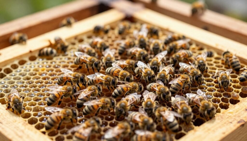 A close-up view of a beehive frame showcasing vibrant hive brood at various stages, including capped and uncapped cells. The foreground features glistening honeycomb cells filled with larvae and pupae, exhibiting intricate details of the honeybee life cycle. In the middle ground, bees are actively tending to the brood, showcasing their roles in nurturing and protecting their queen. The background consists of a softly blurred hive interior, with wooden frames and warm, natural light filtering through, creating a serene and industrious atmosphere. The image captures a sense of natural harmony, emphasizing the crucial role of environmental factors in hive performance while highlighting the health and vitality of the bee colony.