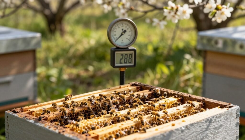 A close-up view of a beehive in a natural setting, with warm sunlight filtering through the trees, casting dappled shadows on the surrounding grass. In the foreground, an open hive reveals frames filled with bees working diligently, illustrating the bustling activity of a thriving colony. Honeycomb structures are glistening with honey, signifying healthy hive conditions. In the middle, a temperature gauge is prominently displayed near the hive, showcasing a digital readout that indicates optimal hive temperature. The background features a soft focus of blooming flowers and gentle green foliage, creating a tranquil and harmonious atmosphere. The overall mood is serene and productive, portraying the importance of maintaining proper environmental conditions for bees.