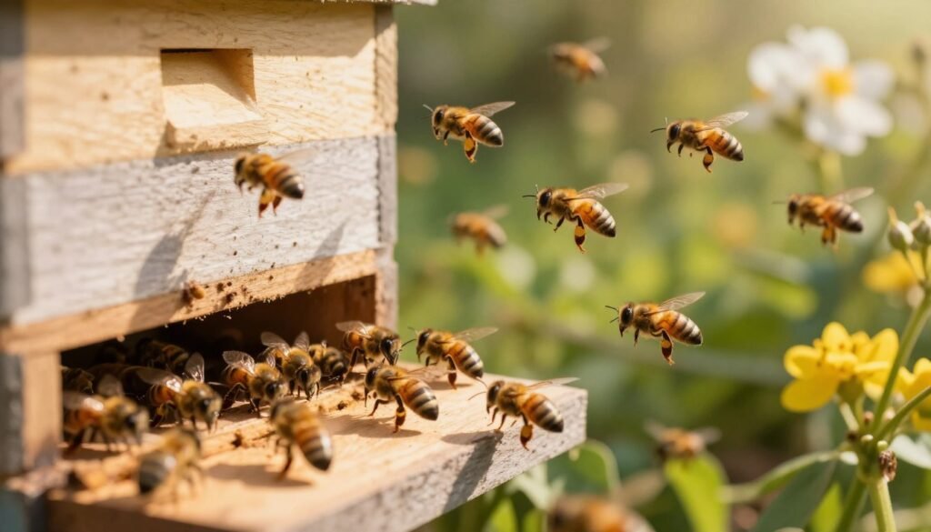 A close-up view of a beehive in a sunlit garden, featuring honeybees flying energetically around an open hive. In the foreground, emphasize the hive's entrance, where bees are busily working, illustrating their search for a new queen. In the middle ground, showcase a few bees engaged in a dance, symbolizing communication and unity. The background includes lush greenery and blooming flowers under soft, warm sunlight, casting gentle shadows. The atmosphere feels tense yet hopeful, capturing the urgency of the hive's situation. The lighting is golden and natural, enhancing the colors of the bees and flowers. Use a shallow depth of field to keep the focus on the hive while softly blurring the background, evoking a sense of fragility and resilience.
