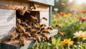 A close-up view of a beehive in a vibrant, sunlit garden, highlighting a swarm of bees emerging from the hive in a flurry of