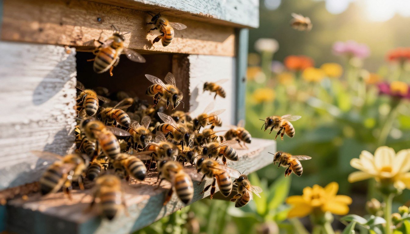 A close-up view of a beehive in a vibrant, sunlit garden, highlighting a swarm of bees emerging from the hive in a flurry of