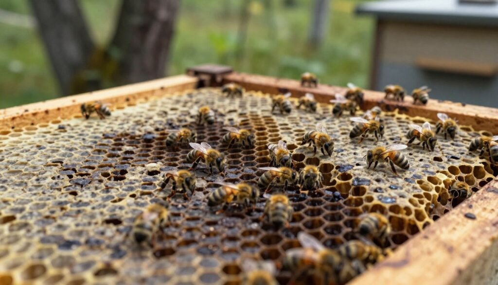 A close-up view of a beehive infected with a fungal disease, showcasing the detrimental effects on the honeycomb structure. In the foreground, focus on honeycomb cells exhibiting irregular shapes and discoloration, with some cells darkened and showing signs of decay. The middle ground reveals distressed bees, some lethargic or clustered together, providing a sense of urgency to the scene. The background features a blurred nest of trees and beekeeping equipment, hinting at a natural environment. Soft, diffused lighting illuminates the hive, creating shadows that enhance the mood of decay and distress. The overall atmosphere conveys the severity of disease in a beehive, emphasizing the importance of maintaining bee health.