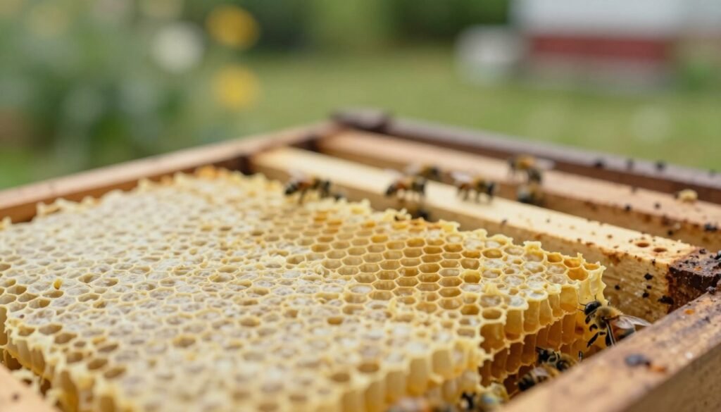 A close-up view of a beehive inner cover, intricately illustrating common locations for misplaced wax that can lead to burr comb formation. In the foreground, a section of wax is prominently displayed, highlighting its irregular surface and texture. In the middle ground, honeycomb frames are arranged to show the bees' natural work environment, with bees visible but not overly detailed, maintaining focus on the wax. The background features a soft-focus view of a garden, bathed in natural daylight, creating a warm and inviting atmosphere. The scene is captured with a shallow depth of field, utilizing a macro lens to draw attention to the wax details while maintaining a blurred backdrop. The overall mood is educational, emphasizing the importance of observation and understanding in beekeeping practices.