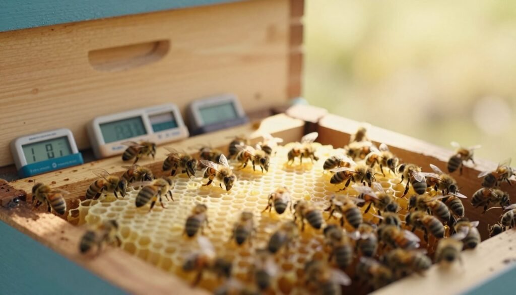 A close-up view of a beehive interior, highlighting the bees working diligently to maintain the hive's temperature. In the foreground, a cluster of bees is seen surrounding a honeycomb filled with brood and honey, with a soft glow emanating from the brood area. The middle layer features temperature monitoring devices, such as small thermometers, integrated into the hive structure, showing precise readings. The background displays the hive box made of natural wood, with a warm, golden light filtering through gaps, suggesting sunlight outside. The atmosphere is calm and industrious, reflecting the essential balance bees maintain for hive health, with a slight blur on the edges to focus on the vibrant activity in the hive's center. Use soft, natural lighting to enhance the warmth and life within the hive.