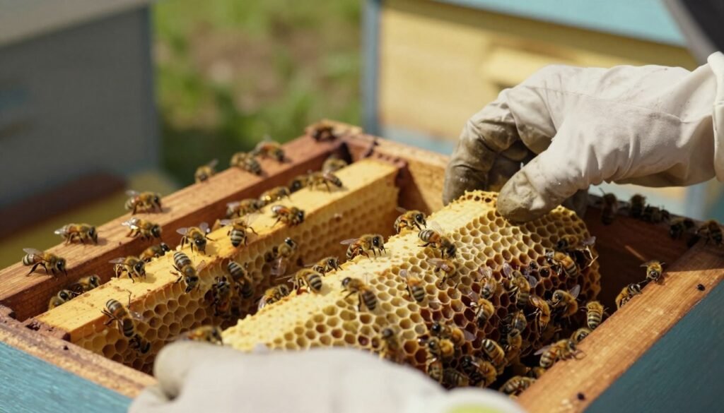A close-up view of a beehive interior, showcasing a beekeeper gently requeening the colony. The foreground displays the beekeeper’s hands in professional gloves, carefully holding a queen bee on a wooden frame surrounded by honeycomb, filled with varying stages of brood. In the middle ground, the hive is bustling with worker bees, illustrating their reaction to the new queen. The background features a soft-focus view of the hive entrance under natural daylight, casting gentle shadows. The scene conveys a sense of calm and purpose, emphasizing the importance of queen requeening for colony health. The lighting is warm, highlighting the vibrant yellows and blacks of the bees while maintaining a natural, inviting environment. A close-up view of a beehive interior, showcasing a beekeeper gently requeening the colony. The foreground displays the beekeeper’s hands in professional gloves, carefully holding a queen bee on a wooden frame surrounded by honeycomb, filled with varying stages of brood. In the middle ground, the hive is bustling with worker bees, illustrating their reaction to the new queen. The background features a soft-focus view of the hive entrance under natural daylight, casting gentle shadows. The scene conveys a sense of calm and purpose, emphasizing the importance of queen requeening for colony health. The lighting is warm, highlighting the vibrant yellows and blacks of the bees while maintaining a natural, inviting environment.