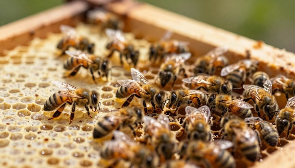 A close-up view of a beehive interior, showcasing a vibrant scene of bees actively working to recover from chilled brood conditions. In the foreground, bees are seen carefully tending to brood cells filled with healthy larvae, exhibiting diligence and teamwork. The middle section highlights a cluster of bees that are removing debris and dead brood, indicating recovery efforts. In the background, a blurred hive frame with honeycomb reflects the warm golden tones of honey, illuminated by soft, natural sunlight streaming in from the side, creating a warm and inviting atmosphere. The overall mood is one of resilience and community, capturing the essence of nature’s restoration processes. The image utilizes a macro lens perspective to emphasize details and foster a sense of intimacy with the hive's internal workings.