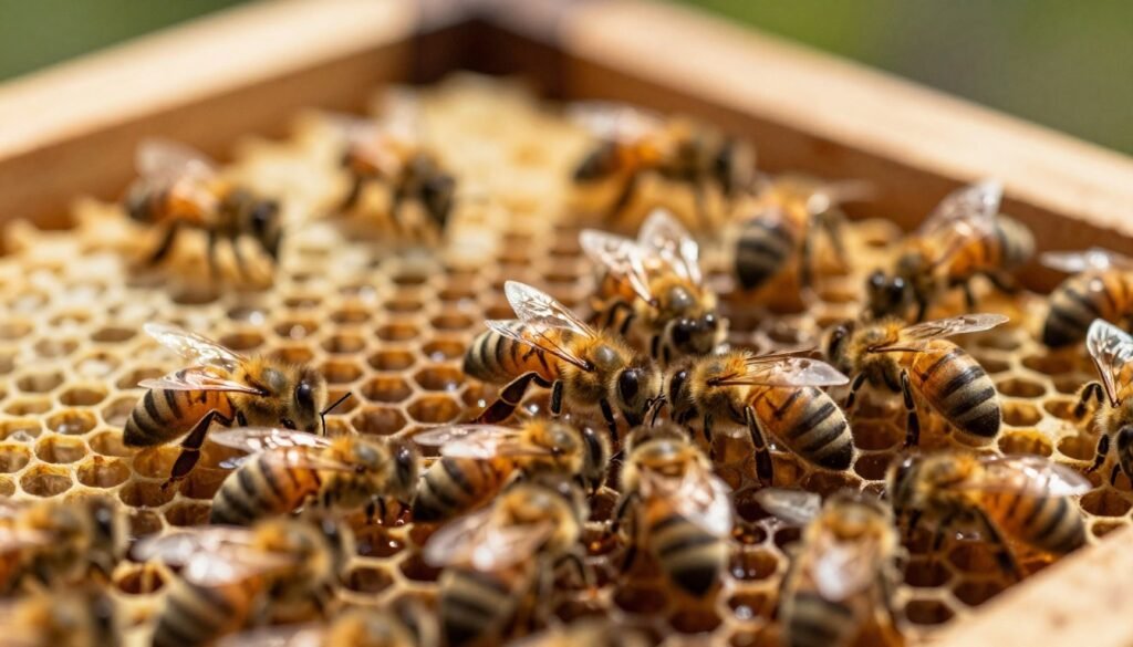 A close-up view of a beehive interior showcasing attentive bees monitoring developing brood cells, with a focus on healthy larva and pupae. In the foreground, a few bees are gently tending to the brood, with their delicate bodies glistening in natural light. The middle ground features the structured honeycomb filled with various stages of brood, some capped, reflecting a glossy sheen. In the background, blurred hive components create a warm and inviting atmosphere, suggesting a thriving colony. The lighting is soft and golden, simulating a peaceful afternoon in an apiary, evoking a sense of harmony and diligence. The composition is taken at a shallow depth of field for intimacy, emphasizing the bustling activity of the bees and the critical role of brood monitoring in maintaining queen health.
