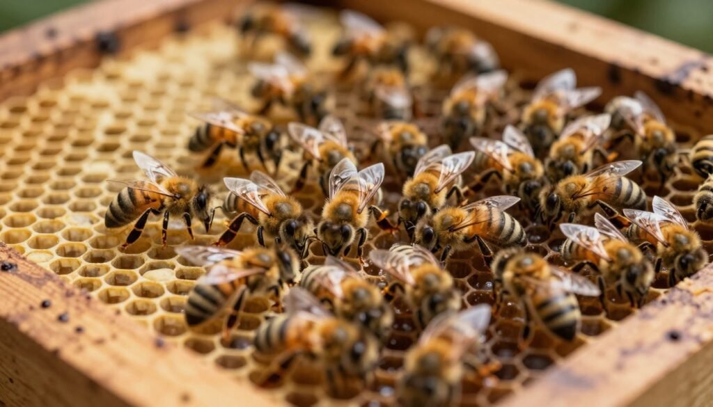 A close-up view of a beehive interior, showcasing laying workers tending to brood cells filled with developing larvae. In the foreground, the laying workers are depicted in meticulous detail, highlighting their elongated bodies and distinct roles within the hive. The middle ground features the hexagonal honeycomb structure, filled with a mix of capped and uncapped brood, emphasizing the nurturing environment. The background fades softly into the darker, textured wood of the hive, creating a sense of depth. Soft, warm lighting illuminates the scene, providing a natural, organic feel, while a shallow depth of field ensures the focus remains on the workers and brood. The mood is industrious yet calm, inviting viewers into the intricate world of bee society.