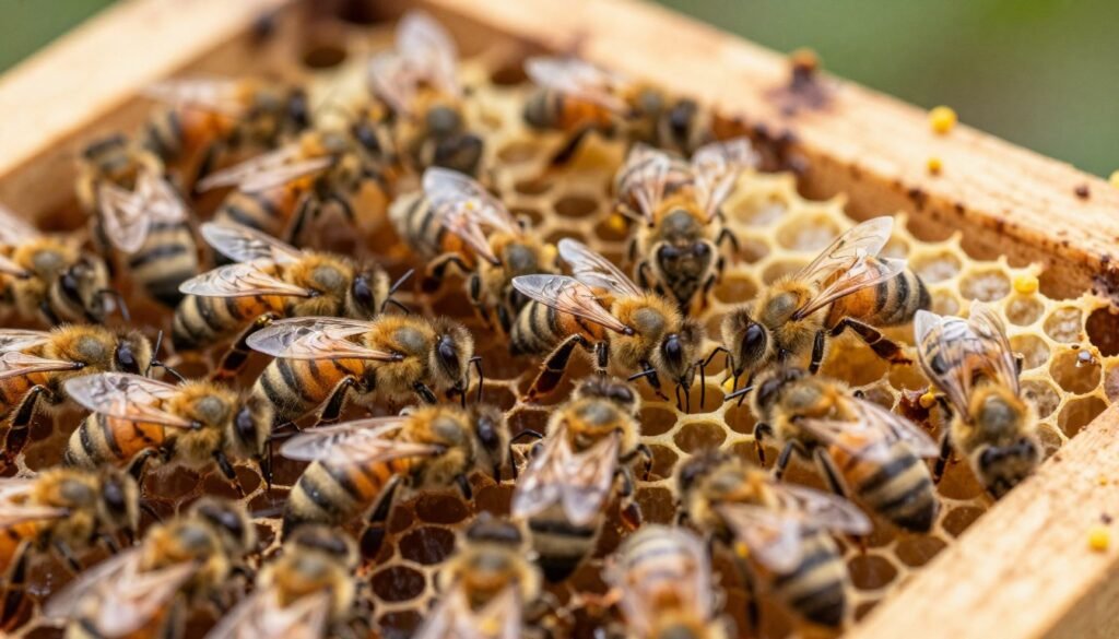 A close-up view of a beehive interior, showcasing signs of varroa resistance. In the foreground, display healthy bees actively nurturing capped brood cells and empty drone cells, indicating an energetic colony. In the middle, highlight the presence of worker bees with pollen baskets and some varroa mites subtly climbing on the bees, emphasizing their resistance. The background features well-maintained hive frames, filled with honeycomb and the soft glow of natural light filtering in. The atmosphere should feel vibrant and dynamic, reflecting a healthy hive environment. The image should be captured with a macro lens to detail the bees and hive structures, ensuring a clear focus on their activities. A close-up view of a beehive interior, showcasing signs of varroa resistance. In the foreground, display healthy bees actively nurturing capped brood cells and empty drone cells, indicating an energetic colony. In the middle, highlight the presence of worker bees with pollen baskets and some varroa mites subtly climbing on the bees, emphasizing their resistance. The background features well-maintained hive frames, filled with honeycomb and the soft glow of natural light filtering in. The atmosphere should feel vibrant and dynamic, reflecting a healthy hive environment. The image should be captured with a macro lens to detail the bees and hive structures, ensuring a clear focus on their activities.