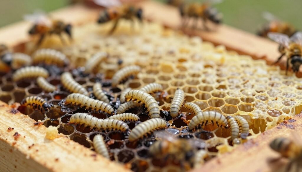 A close-up view of a beehive interior showcasing the signs of wax moth damage. In the foreground, intricately detailed wax moth larvae, white and yellowish, crawling among darkened, disintegrating comb, highlighting their destructive presence. The middle ground shows healthy honeycomb contrasting with the damaged portions, illustrating the physical impact of the wax moth infestation. The background features a blurred beehive environment, with bees buzzing around, creating a dynamic and lively atmosphere. Soft, natural lighting mimics the warm glow of sunlight filtering through the hive, enhancing the textural details of the comb and larvae. The camera angle is slightly tilted to capture depth, evoking a sense of urgency in the fight against wax moths. The overall mood is serious and educational, aimed at conveying the importance of immediate control measures.