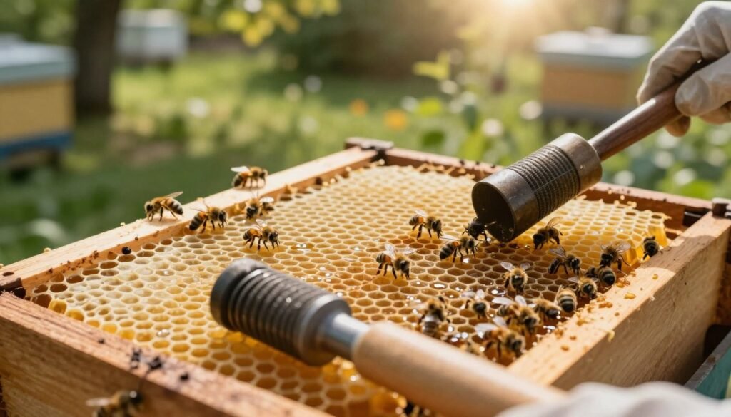 A close-up view of a beehive, intricately detailed with hexagonal cells filled with golden honey and bee larvae. In the foreground, show a well-maintained beekeeping tool, like a hive tool or smoker, emphasizing the importance of clean equipment. In the middle ground, depict several diligent bees working and tending to the hive, highlighting their role in maintaining biosecurity. The background can have a soft focus on a lush garden, suggesting a thriving ecosystem. Use warm, natural lighting to create an inviting atmosphere, with sunlight filtering gently through nearby trees. The angle should be slightly elevated to capture the full structure of the hive and the activity around it, conveying a sense of harmony and diligence in apiary management.