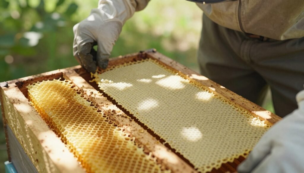 A close-up view of a beehive management scene, showcasing two distinct sections: starter strips on the left and a full sheet of foundation on the right. In the foreground, vibrant honeycomb patterns on the starter strips contrast with the larger, blank cells of the full sheet. A beekeeper, dressed in modest casual clothing and wearing protective gloves, gently examines the hive, emphasizing the difference in foundation application. The background features a sunny, outdoor setting with soft, dappled sunlight filtering through green leaves, casting gentle shadows on the hive. Capture the mood of careful observation and analysis, highlighting the practicality and functionality of each foundation option for effective hive management. Use a shallow depth of field to focus on the hive elements while softly blurring the background.