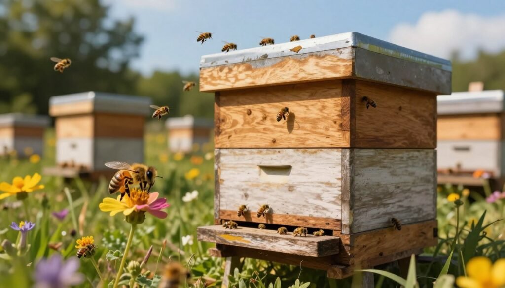 A close-up view of a beehive nestled in a vibrant, sunlit apiary, surrounded by blooming wildflowers and lush greenery. The beehive is made of natural wood with a slightly weathered texture, showcasing busy bees coming and going. In the foreground, a honeybee rests on a colorful flower, drawing nectar, while in the middle ground, the hive stands prominently with bees actively flying around it. The background features soft-focus trees and a clear blue sky, emphasizing the peaceful and productive environment of the apiary. The scene is illuminated by warm, golden sunlight, creating a serene and industrious atmosphere. Capture this image with a slightly elevated angle to highlight the hive's importance in promoting apiary hygiene.