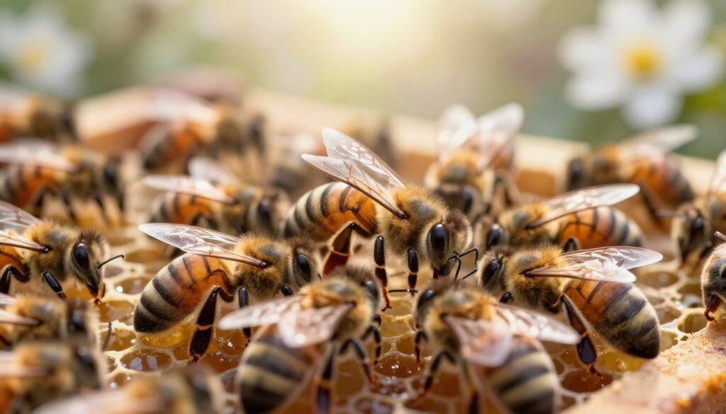 A close-up view of a beehive scene, focusing on a regal queen bee surrounded by her loyal worker bees, all exhibiting protective behaviors. In the foreground, several bees are forming a protective cluster around the queen, their wings glistening in soft sunlight. The middle layer shows intricate details of the hive structure, with honeycomb cells glistening with honey. In the background, an ethereal, glowing ambiance represents the unity and safety of the colony, with gentle, diffused sunlight filtering through a nearby flower garden. The image conveys a sense of calm and security, showcasing the crucial bond between the queen and her workers during the unification process, with a warm color palette emphasizing a nurturing environment. Soft focus on the background enhances the queen's prominence, creating an intimate atmosphere.