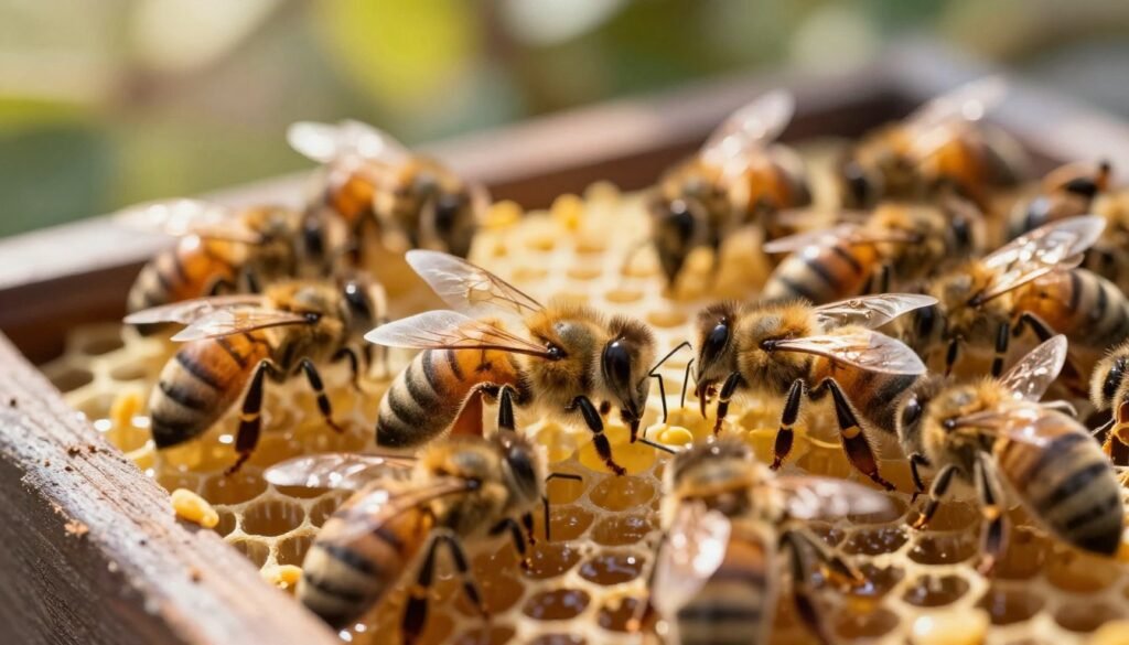 A close-up view of a beehive showcasing a queen bee surrounded by worker bees, illustrating the concept of "queen issues" in honey bee colonies. The foreground features the queen bee, her elongated abdomen visible, with a few worker bees attending to her, highlighting the intricate details of their bodies and wings. In the middle ground, several honeycomb cells filled with larvae and pollen can be seen, indicating colony activity. The background consists of a blurred garden setting with soft sunlight filtering through leaves, creating a warm, serene atmosphere. Soft, natural lighting emphasizes the vivid colors of the bees and the golden honey. The angle is slightly tilted from above, providing a unique perspective while maintaining clarity on the subjects. The overall mood is informative and empowering, reflecting the importance of addressing common bee colony challenges.