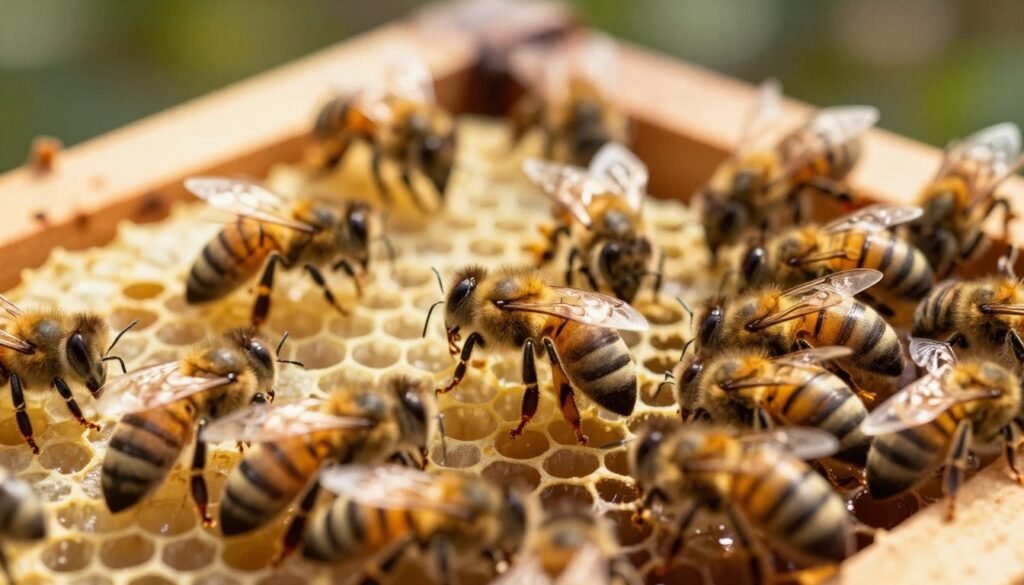 A close-up view of a beehive showcasing a scene where bees are gathering around a newly recognized virgin queen. In the foreground, a group of worker bees are engaged in a behavior known as "messenger dance," highlighting their excitement. The virgin queen, slightly larger than the workers and marked by a distinctive elongated abdomen, is depicted surrounded by attentive bees, adorned with vibrant yellow and black stripes. The middle ground features honeycomb frames, revealing capped brood and open cells, indicating a healthy hive. Soft sunlight filters through an opening, illuminating the scene and creating a warm, golden glow that enhances the atmosphere of a thriving hive. The background should include blurred foliage, giving a sense of the natural environment while keeping the focus on the queen and her followers.