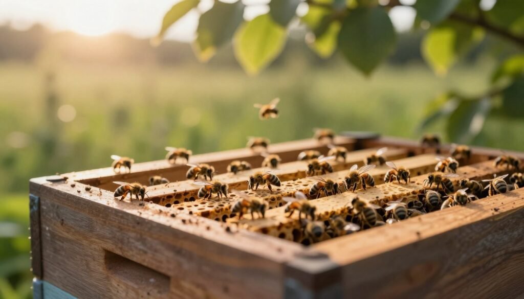 A close-up view of a beehive showcasing intricate hive ventilation systems, set against a soft-focus natural landscape. In the foreground, highlight the wooden structure of the hive, emphasizing well-designed ventilation openings to promote airflow and prevent overheating. In the middle ground, bees can be seen actively entering and exiting the hive, illustrating a healthy, thriving colony. The background features lush greenery with gentle sunlight streaming through leaves, creating a warm and inviting atmosphere. The lighting should be soft and natural, reminiscent of a late afternoon. Use a macro lens perspective to capture fine details like the hive's texture and the bees’ busy activity, conveying a sense of harmony and balance in the hive environment.