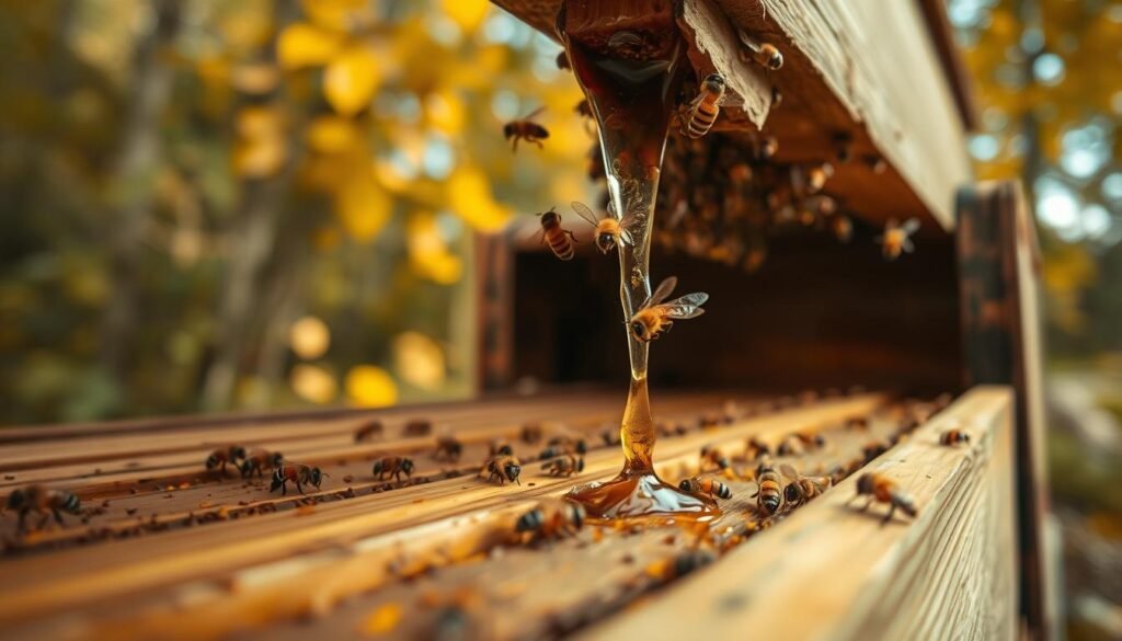 A close-up view of a beehive, showcasing the bees actively working inside as they gather honey. The foreground features a wooden hive with detailed textures, emphasizing its weight and structure. In the middle ground, a gentle stream of honey cascades from a comb while buzzing bees hover around, illustrating their productivity. The background shows a serene autumn garden with softly falling leaves in warm golden and orange hues, hinting at the seasonal changes. Use soft, diffused sunlight to create a warm and inviting atmosphere, with a shallow depth of field to keep the focus on the hive and bees. Aim for an angle that captures the hive's importance in the context of bee management, evoking a sense of harmony in nature. A close-up view of a beehive, showcasing the bees actively working inside as they gather honey. The foreground features a wooden hive with detailed textures, emphasizing its weight and structure. In the middle ground, a gentle stream of honey cascades from a comb while buzzing bees hover around, illustrating their productivity. The background shows a serene autumn garden with softly falling leaves in warm golden and orange hues, hinting at the seasonal changes. Use soft, diffused sunlight to create a warm and inviting atmosphere, with a shallow depth of field to keep the focus on the hive and bees. Aim for an angle that captures the hive's importance in the context of bee management, evoking a sense of harmony in nature.