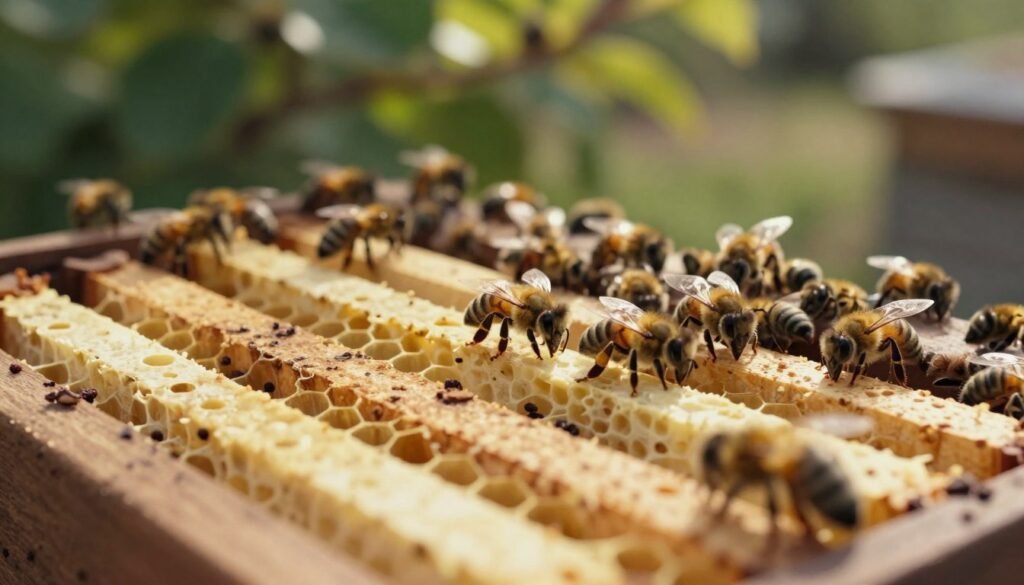 A close-up view of a beehive showing signs of queenlessness. In the foreground, a series of wax frames with empty cells and scattered drone larvae, signaling an absence of a queen. In the middle ground, bees exhibiting signs of confusion and disorganization, some clumping together while others stand idle, highlighting the hive's distress. The background features a soft-focus garden, dappled sunlight filtering through leaves, creating an atmosphere of uncertainty. The light is warm and natural, emphasizing the fragility of the bees' environment. The image is captured with a macro lens at a slight angle to enhance detail and depth, evoking a contemplative mood, indicative of a vital issue within the colony.