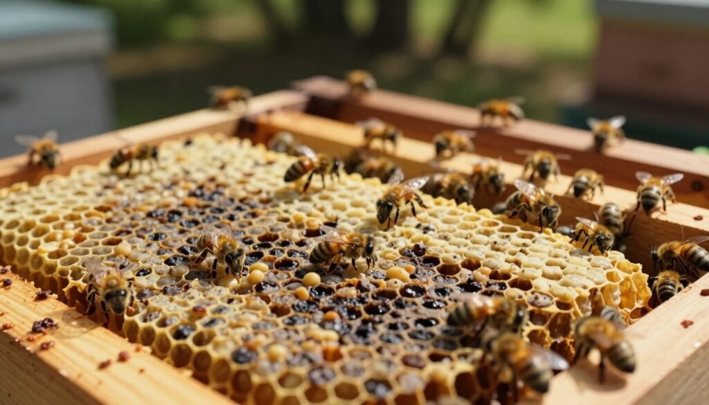 A close-up view of a beehive showing various hive symptoms indicative of American Foulbrood. In the foreground, focus on frames of honeycomb filled with irregularly shaped, discolored larvae in different stages of decay, emphasizing dark, sunken portions. The middle ground features worker bees exhibiting unusual behavior, such as lethargy and clustering, with some straying from their typical roles. In the background, portray a wooden beehive under soft, warm natural sunlight filtering through surrounding trees, casting gentle shadows. Use a shallow depth of field to draw attention to the hive symptoms while creating a blurred backdrop that enhances the mood of concern and urgency. The atmosphere should evoke a sense of diligence and care in beekeeping, capturing the importance of recognizing these visual indicators for hive health.