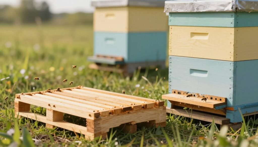 A close-up view of a beehive stand, showcasing a wooden hive pallet on the left and an individual hive stand on the right, both placed on a grassy field. The foreground features the smooth texture of the wood, with bees gently buzzing around. In the middle ground, the hives are painted in pastel colors, depicting a serene atmosphere. The background consists of a blurred vista of a sunny meadow, with soft, warm lighting casting gentle shadows to enhance the three-dimensional effect. The scene is framed to emphasize the comparison between the two hive supports, creating a calm and informative mood ideal for illustrating the topic of beehive support options.