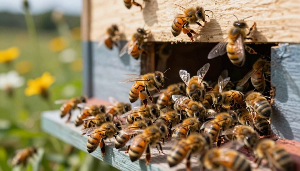 A close-up view of a beehive surrounded by agitated honeybees, illustrating signs of colony aggression. In the foreground, a cluster of bees is depicted with their wings unfurled and antennae raised, exhibiting an aggressive stance. The middle ground shows the entrance of the hive, with bees hovering intensely, hinting at a defensive posture around their queen. In the background, a soft, blurred landscape of flowers and green foliage provides a natural context. The lighting is bright and natural, casting subtle shadows to enhance the scene's vibrancy, while a shallow depth of field focuses sharply on the bees. The overall atmosphere conveys tension and urgency, highlighting the dangers of an agitated colony.