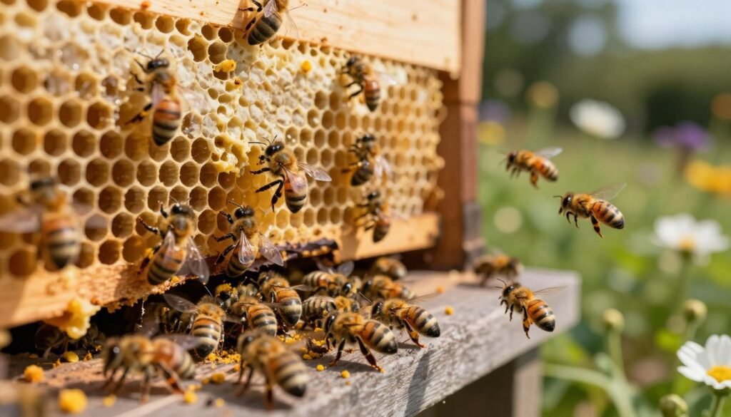 A close-up view of a beehive under natural sunlight, showcasing the signs of a robbed colony. In the foreground, display a cluster of honeybees frantically flying around the entrance, with a few bees visibly carrying small amounts of honey. Highlight the hive's entrance, where bees are clustered, and include scattered remnants of wax and pollen around the base. The middle ground features partially empty honeycomb frames, indicating loss, with some bees peeking through. The background should softly blur the surrounding garden flowers and trees, creating a serene atmosphere. Use even, warm lighting to evoke a sense of urgency, emphasizing the activity of the bees. The image should convey the tension of a robbed colony, capturing both the chaos and natural beauty of the hive environment. A close-up view of a beehive under natural sunlight, showcasing the signs of a robbed colony. In the foreground, display a cluster of honeybees frantically flying around the entrance, with a few bees visibly carrying small amounts of honey. Highlight the hive's entrance, where bees are clustered, and include scattered remnants of wax and pollen around the base. The middle ground features partially empty honeycomb frames, indicating loss, with some bees peeking through. The background should softly blur the surrounding garden flowers and trees, creating a serene atmosphere. Use even, warm lighting to evoke a sense of urgency, emphasizing the activity of the bees. The image should convey the tension of a robbed colony, capturing both the chaos and natural beauty of the hive environment.