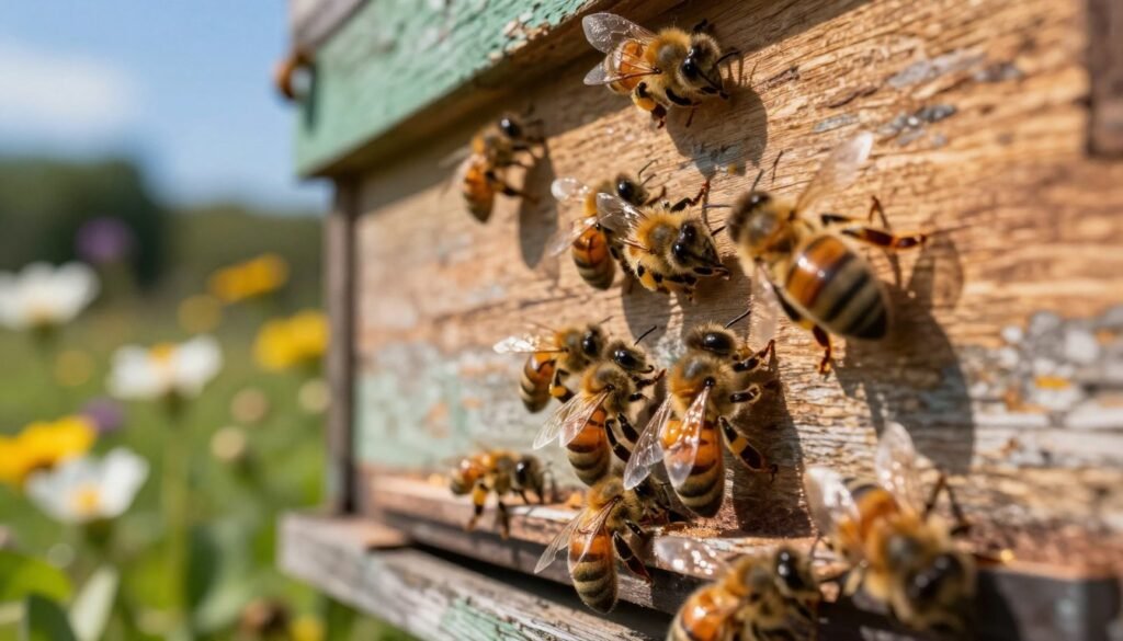 A close-up view of a beehive with a cluster of bees bearding on the outside. In the foreground, detailed individual bees buzz around, showcasing their delicate wings and fuzzy bodies, reflecting the golden hues of honey. The middle ground features the wooden hive, slightly weathered and adorned with natural hues of brown and green, with a few bees resting on its surface. In the background, a sunny garden is visible, filled with blooming flowers, under a clear blue sky. Soft, warm light creates an inviting atmosphere, emphasizing the lively activity of the bees. The scene captures a sense of harmony and natural beauty, as it illustrates the bees preparing for potential swarming. The angle is slightly low, offering a dynamic perspective of the beehive and its buzzing occupants.
