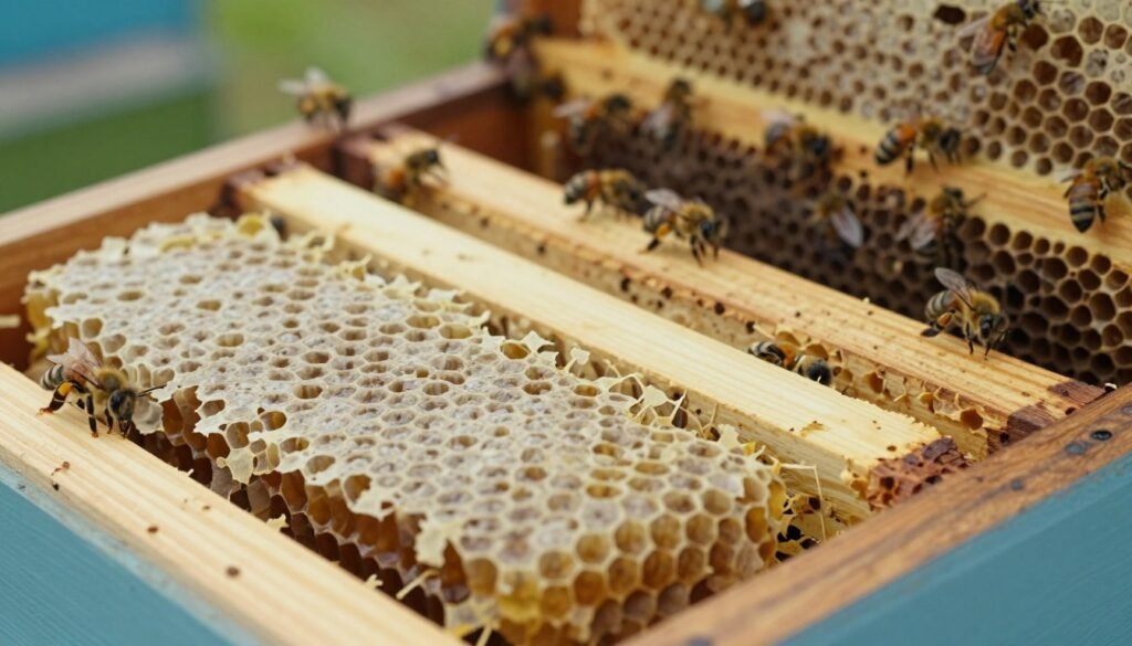 A close-up view of a beehive with a focus on burr comb and brace comb, showcasing their structural differences. In the foreground, detailed sections of burr comb, irregularly shaped and sticking out from the hive frames, contrast against the smooth lines of brace comb. The middle ground features bees working diligently around the combs, emphasizing their roles in managing hive health. In the background, elements of the hive, such as wooden frames and honey cells, provide context. Soft, natural daylight illuminates the scene, creating gentle shadows that enhance the texture of the combs. The atmosphere is serene and industrious, reflecting the balance between nature and beekeeping management. A close-up view of a beehive with a focus on burr comb and brace comb, showcasing their structural differences. In the foreground, detailed sections of burr comb, irregularly shaped and sticking out from the hive frames, contrast against the smooth lines of brace comb. The middle ground features bees working diligently around the combs, emphasizing their roles in managing hive health. In the background, elements of the hive, such as wooden frames and honey cells, provide context. Soft, natural daylight illuminates the scene, creating gentle shadows that enhance the texture of the combs. The atmosphere is serene and industrious, reflecting the balance between nature and beekeeping management.