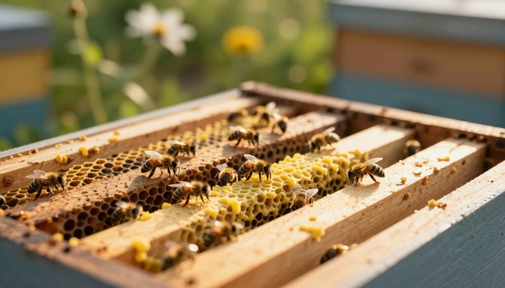 A close-up view of a beehive with a focus on the inner workings of a top bar hive, specifically highlighting the bees interacting with propolis in their natural environment. In the foreground, a few bees are seen applying propolis to the bars, glistening in the sunlight. The middle ground features the intricate wooden structure of the hive, showcasing the golden and dark textures of propolis. In the background, gentle greenery and blurred floral elements create a soft focus, evoking a tranquil apiary atmosphere. The lighting is warm and inviting, simulating a late afternoon sun. The scene is captured from a slightly elevated angle, lending depth and perspective. The overall mood is peaceful yet industrious, illustrating the essential role of propolis in bee health and hive maintenance. A close-up view of a beehive with a focus on the inner workings of a top bar hive, specifically highlighting the bees interacting with propolis in their natural environment. In the foreground, a few bees are seen applying propolis to the bars, glistening in the sunlight. The middle ground features the intricate wooden structure of the hive, showcasing the golden and dark textures of propolis. In the background, gentle greenery and blurred floral elements create a soft focus, evoking a tranquil apiary atmosphere. The lighting is warm and inviting, simulating a late afternoon sun. The scene is captured from a slightly elevated angle, lending depth and perspective. The overall mood is peaceful yet industrious, illustrating the essential role of propolis in bee health and hive maintenance.