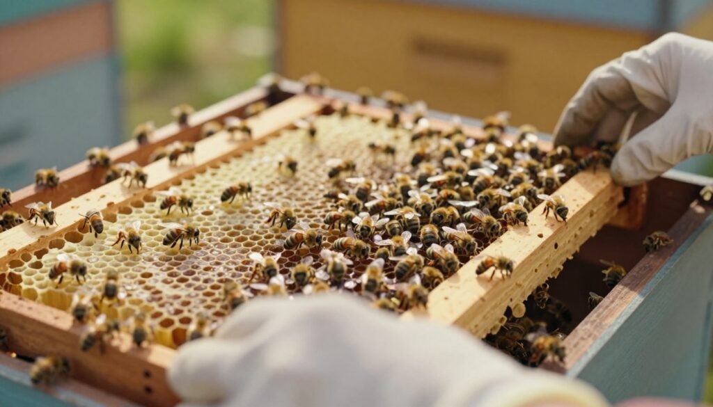 A close-up view of a beehive with a transparent queen cage showcasing the queen bee, surrounded by active worker bees. In the foreground, a pair of gloved hands carefully monitor the hive’s progress, holding a frame filled with honeycomb and bees. The middle ground features a vibrant array of bees buzzing around the frame, highlighting their activity and collaboration. The background presents a wooden hive structure, bathed in warm, natural sunlight, creating a serene and focused atmosphere. The image captures intricate details like the bees' delicate wings and the honeycomb's texture. Shot in a soft focus, with a shallow depth of field to emphasize the hands and hive while creating a gentle bokeh effect in the background.