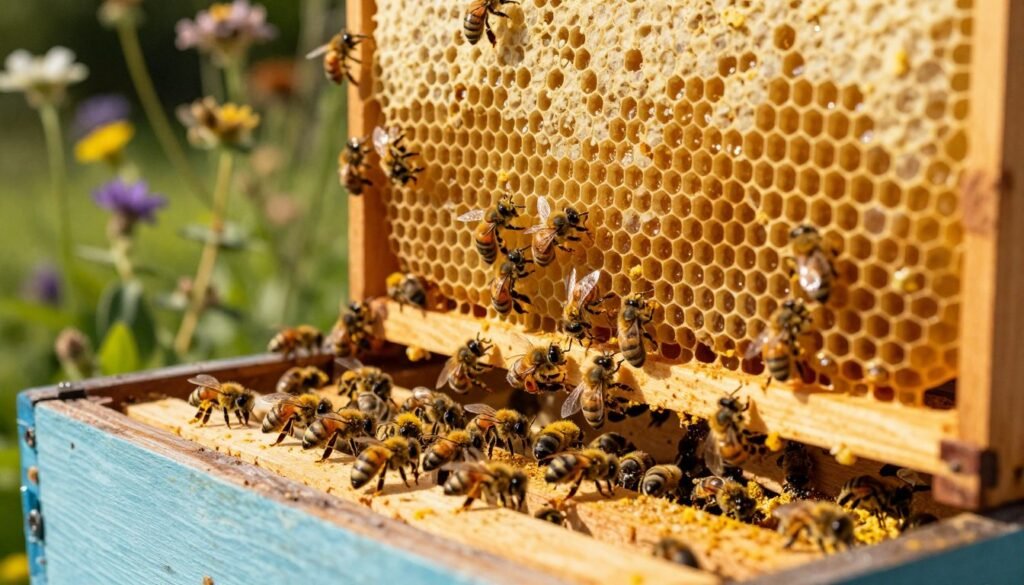A close-up view of a beehive with bees actively tending to the brood, showcasing a balance between the hive's weight and food stores. In the foreground, a cluster of bees is seen coated in pollen, busy at work, while a few are gently landing on the hive entrance. The middle layer reveals the wooden hive structure, displaying the intricate craftsmanship and honeycomb cells filled with golden honey and developing larvae. In the background, a soft-focus garden of wildflowers and greenery bathes the scene in warm, golden sunlight. The overall atmosphere is serene and industrious, capturing the importance of hive weight assessment during a nectar dearth. Use natural lighting, with a slight tilt-down angle to enhance detail and depth, allowing for a rich texture that conveys the vibrancy of the hive ecosystem.