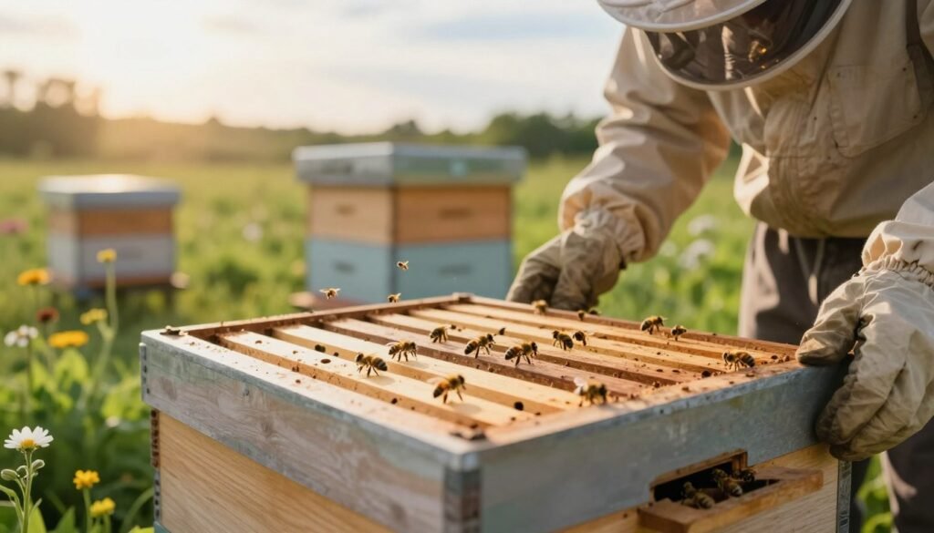 A close-up view of a beehive with focused attention on the entrance holes, showing a beekeeper in modest casual clothing managing airflow. In the foreground, detail the wooden entrance with strategically placed ventilation slots, designed to regulate temperature and humidity. Bees can be observed buzzing around the entrance, actively entering and exiting. The middle ground features a well-constructed beehive surrounded by natural elements like flowers and greenery, indicating a thriving ecosystem. The background softly showcases a sunny afternoon sky, casting warm, golden light that enhances the serene mood. The image should convey a sense of harmony between nature and beekeeping practices, with a clean, realistic aesthetic, captured from a slightly elevated angle to emphasize the airflow entrance holes.