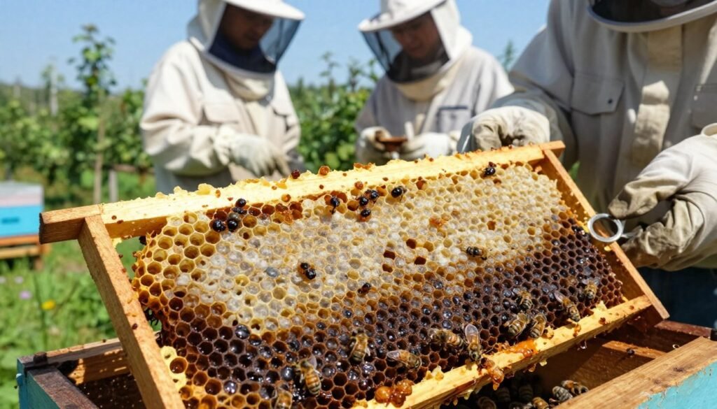 A close-up view of a beehive with prominent symptoms of American foulbrood. In the foreground, show a frame of brood comb with capped cells, some of which have a dark, sunken appearance indicating infection. Include dead larvae in a brown, sticky mass to highlight the disease. The middle ground should feature concerned beekeepers in modest clothing, examining the comb with tools, emphasizing their professional demeanor. In the background, a peaceful apiary scene with lush greenery and a clear blue sky, creating an atmosphere of caution and diligence. The image should be well-lit with natural sunlight casting soft shadows, capturing the seriousness of recognizing disease in bee populations without text or distractions. A close-up view of a beehive with prominent symptoms of American foulbrood. In the foreground, show a frame of brood comb with capped cells, some of which have a dark, sunken appearance indicating infection. Include dead larvae in a brown, sticky mass to highlight the disease. The middle ground should feature concerned beekeepers in modest clothing, examining the comb with tools, emphasizing their professional demeanor. In the background, a peaceful apiary scene with lush greenery and a clear blue sky, creating an atmosphere of caution and diligence. The image should be well-lit with natural sunlight casting soft shadows, capturing the seriousness of recognizing disease in bee populations without text or distractions.