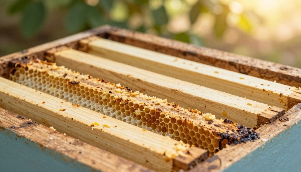 A close-up view of a beehive with wooden frames in various states of wear, showcasing both intact and damaged pieces. In the foreground, focus on a few honey-combed frames, some exhibiting signs of propolis buildup and corrosion around the edges. In the middle ground, display contrasting frames with smooth, clean wood, highlighting the importance of maintenance. The background features a natural setting with warm sunlight filtering through tree leaves, creating a soft bokeh effect. The atmosphere is serene yet informative, emphasizing the need for careful observation and timely replacement of hive parts. The image should be taken from a slightly elevated angle, using natural lighting to accentuate textures in the wood and honeycomb, ensuring clarity and detail.