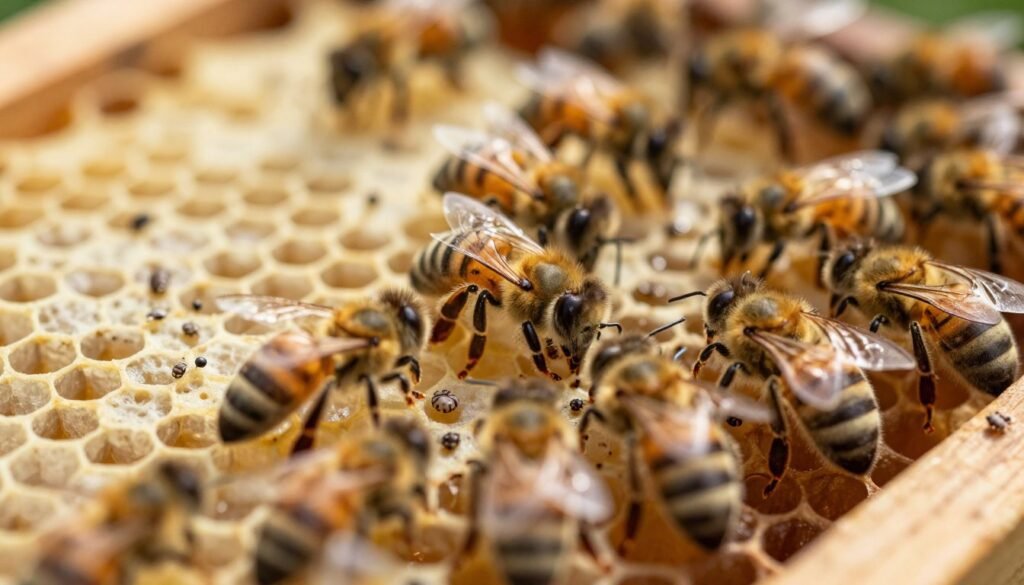 A close-up view of a beehive's inner workings, focusing on a cluster of bees amidst the honeycomb, with the emphasis on tiny Varroa mites hiding among them, illustrating the concept of false negatives. The foreground features bees in vibrant detail, showcasing their fuzzy bodies, with some mites subtly integrated into the scene. In the middle ground, the honeycomb reveals intricate hexagonal patterns, some cells filled with honey and others empty. The background fades into a soft-focus of blurred hive elements, bathed in warm, natural sunlight filtering through, creating a serene yet cautionary atmosphere. The image is shot at a shallow depth of field, enhancing the intimacy and fragility of hive life.