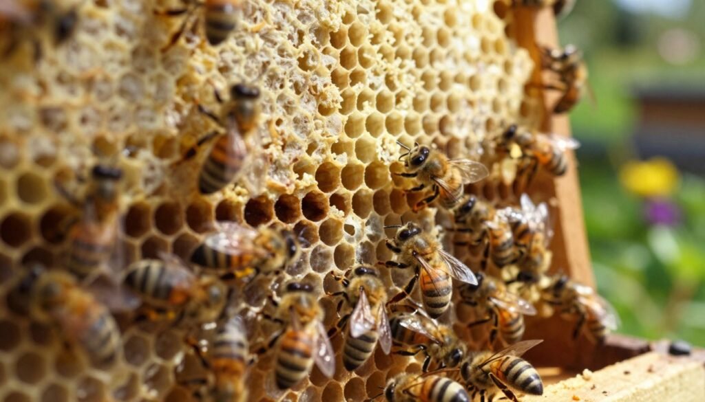 A close-up view of a beehive's ventilation system, showcasing intricate details of honeycomb structures and airflow pathways. The foreground features bees actively moving in and out, emphasizing their role in maintaining hive health. In the middle, highlight the ventilation openings, designed for optimal airflow, with soft sunlight filtering through, creating a warm, inviting glow. The background captures a blurred image of a lush garden, symbolizing a healthy environment necessary for bees. The scene conveys a sense of harmony and productivity, evoking an atmosphere of balance and care in managing brood diseases. Use natural lighting to enhance the clarity of the scene, focusing on the textures of the hive materials and the bees' delicate features.