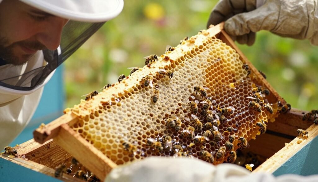 A close-up view of a beekeeper assessing burr comb within a honeybee hive, showcasing detailed frames of honeycomb with irregular burr structures protruding. In the foreground, the beekeeper wears protective clothing and is focused intently on the comb, using a tool to examine it. The middle ground features vibrant, glistening honey and bees actively working around the comb. The background consists of a natural setting, with blurred greenery and soft sunlight filtering through, creating a warm, inviting atmosphere. The image is shot from a slightly elevated angle, capturing both the comb's texture and the beekeeper's diligent effort. The overall mood is one of careful observation and concern for hive health, highlighting the nuances of cross comb issues. A close-up view of a beekeeper assessing burr comb within a honeybee hive, showcasing detailed frames of honeycomb with irregular burr structures protruding. In the foreground, the beekeeper wears protective clothing and is focused intently on the comb, using a tool to examine it. The middle ground features vibrant, glistening honey and bees actively working around the comb. The background consists of a natural setting, with blurred greenery and soft sunlight filtering through, creating a warm, inviting atmosphere. The image is shot from a slightly elevated angle, capturing both the comb's texture and the beekeeper's diligent effort. The overall mood is one of careful observation and concern for hive health, highlighting the nuances of cross comb issues.