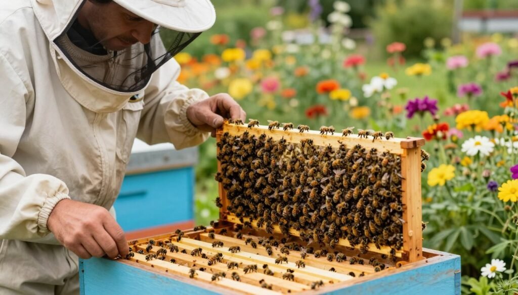 A close-up view of a beekeeper carefully inspecting a split hive, surrounded by swarms of bees in a harmonious blend of activity. In the foreground, the beekeeper, dressed in a professional bee suit, focuses on the hive frames, demonstrating precision in application to avoid common errors. The middle ground features the split hives, with bees actively interacting around them, symbolizing the management of Varroa treatment. In the background, a vibrant garden blooms with colorful flowers, providing a rich environment for the bees. Soft, natural lighting highlights the scene, creating a warm and inviting atmosphere, while a shallow depth of field draws attention to the beekeeper's meticulous work. The overall mood is one of diligence and care in the practice of beekeeping. A close-up view of a beekeeper carefully inspecting a split hive, surrounded by swarms of bees in a harmonious blend of activity. In the foreground, the beekeeper, dressed in a professional bee suit, focuses on the hive frames, demonstrating precision in application to avoid common errors. The middle ground features the split hives, with bees actively interacting around them, symbolizing the management of Varroa treatment. In the background, a vibrant garden blooms with colorful flowers, providing a rich environment for the bees. Soft, natural lighting highlights the scene, creating a warm and inviting atmosphere, while a shallow depth of field draws attention to the beekeeper's meticulous work. The overall mood is one of diligence and care in the practice of beekeeping.
