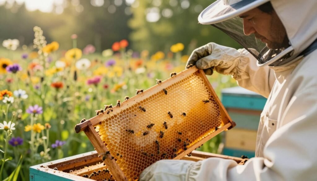 A close-up view of a beekeeper carefully inspecting honeycomb frames within a vibrant, bustling hive. The foreground features the beekeeper, dressed in professional protective gear, intently examining a frame filled with golden honeycomb, ensuring its integrity. In the middle, focus on the honeycomb structure, showcasing its hexagonal cells, with bees gently moving around, highlighting the delicate balance of the ecosystem. The background presents a colorful array of flowers and greenery, creating a sunny, natural setting that conveys a sense of harmony. The lighting is warm and inviting, with soft sunlight filtering through the trees, casting gentle shadows, capturing the meticulous process of maintaining comb stability during hive inspections. The atmosphere is calm and focused, emphasizing the importance of technique in beekeeping practices. A close-up view of a beekeeper carefully inspecting honeycomb frames within a vibrant, bustling hive. The foreground features the beekeeper, dressed in professional protective gear, intently examining a frame filled with golden honeycomb, ensuring its integrity. In the middle, focus on the honeycomb structure, showcasing its hexagonal cells, with bees gently moving around, highlighting the delicate balance of the ecosystem. The background presents a colorful array of flowers and greenery, creating a sunny, natural setting that conveys a sense of harmony. The lighting is warm and inviting, with soft sunlight filtering through the trees, casting gentle shadows, capturing the meticulous process of maintaining comb stability during hive inspections. The atmosphere is calm and focused, emphasizing the importance of technique in beekeeping practices.