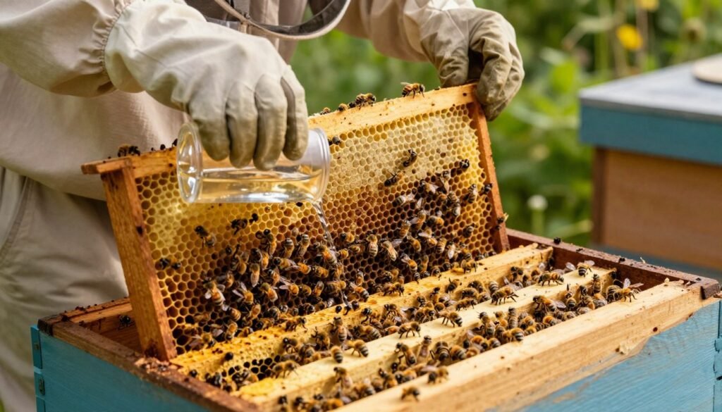 A close-up view of a beekeeper carefully performing the alcohol wash method on a top brood frame. In the foreground, the beekeeper, dressed in professional beekeeping attire including a protective suit and gloves, is gently swirling a container filled with clear alcohol to extract mites. The middle ground features a well-maintained wooden brood frame, rich in honeycomb cells and a variety of bees, illustrating the hive's healthy environment. In the background, lush greenery hints at the surrounding garden, blurring softly to create depth. The lighting is warm and natural, casting a soft glow on the scene, enhancing the vivid colors of the bees and the brood frame. The overall mood is focused yet serene, emphasizing the importance of precision in mite sampling.
