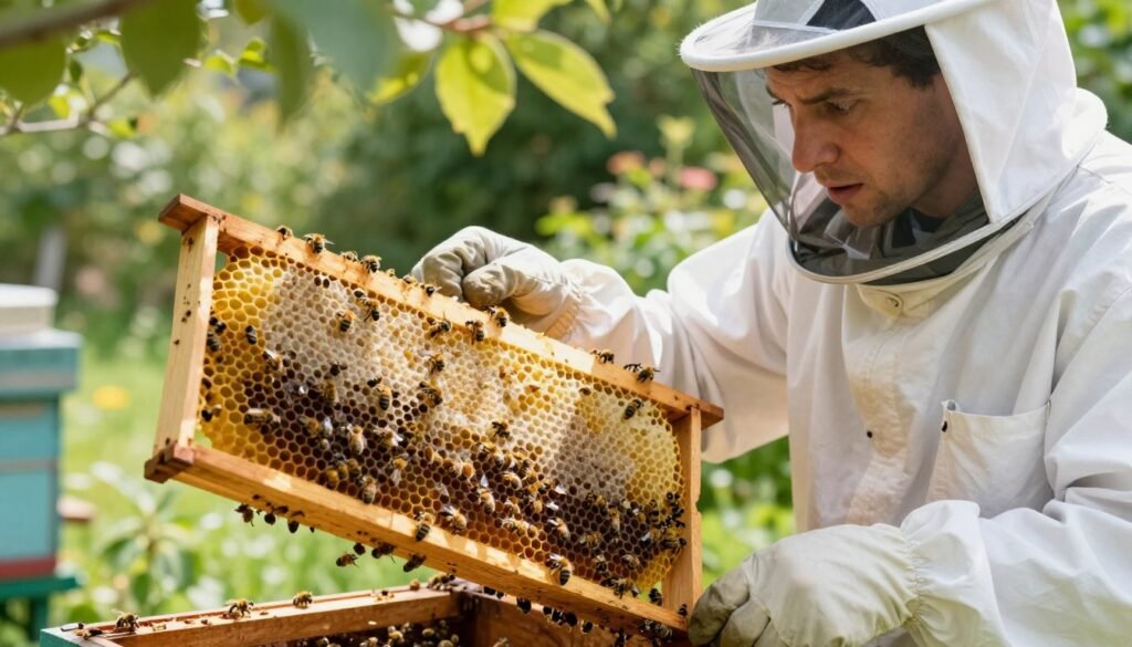 A close-up view of a beekeeper conducting a field inspection of a beehive, focusing on uncapped honeycomb cells. In the foreground, the beekeeper, dressed in a white protective suit and veil, gently lifts a frame to examine the contents, revealing some dead larvae nestled in the uncapped cells. The beekeeper's face shows a look of concern and curiosity as he inspects the hive. In the middle ground, the vibrant honeycomb is adorned with bees milling about, some actively working, others gathering nectar. The background showcases a sunny, lush garden, with soft, dappled light filtering through the leaves overhead, casting gentle shadows on the scene. The atmosphere is calm yet purposeful, conveying the seriousness of the inspection process.