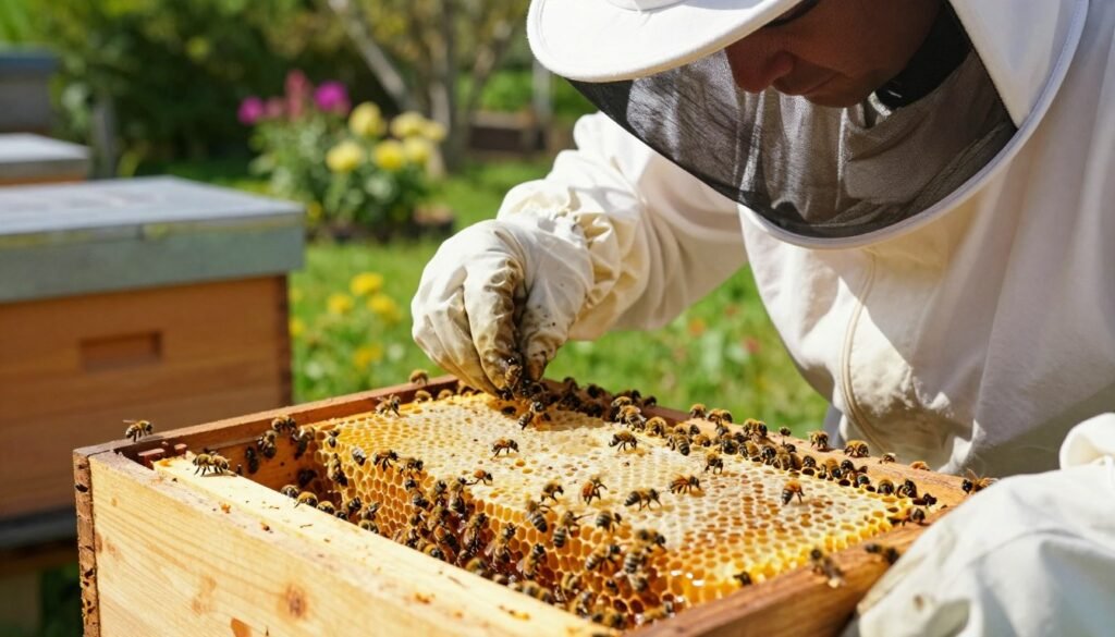 A close-up view of a beekeeper conducting a meticulous hive inspection, wearing professional protective gear, including a bee suit and veil. In the foreground, vibrant honeybees are actively working around the frames, showcasing their busy, industrious nature. The middle ground features detailed wooden hive boxes, some opened to reveal honeycombs filled with bees and capped honey, highlighting the careful examination process. The background captures a sunny backyard setting with flowering plants and trees, providing an inviting atmosphere. Soft, natural lighting illuminates the scene, creating highlights on the bees and the shiny honeycomb. The mood conveys diligence and tranquility, emphasizing best practices in hive management while preventing cross-yard contamination. A close-up view of a beekeeper conducting a meticulous hive inspection, wearing professional protective gear, including a bee suit and veil. In the foreground, vibrant honeybees are actively working around the frames, showcasing their busy, industrious nature. The middle ground features detailed wooden hive boxes, some opened to reveal honeycombs filled with bees and capped honey, highlighting the careful examination process. The background captures a sunny backyard setting with flowering plants and trees, providing an inviting atmosphere. Soft, natural lighting illuminates the scene, creating highlights on the bees and the shiny honeycomb. The mood conveys diligence and tranquility, emphasizing best practices in hive management while preventing cross-yard contamination.