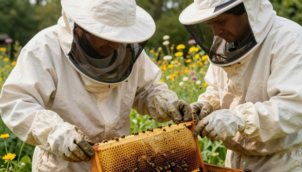 A close-up view of a beekeeper dressed in full protective clothing, including a white bee suit, gloves, and a helmet with a mesh veil. The foreground features the beekeeper inspecting a frame of brood comb, showcasing the intricate patterns of the honeycomb. In the middle ground, several buzzing bees can be seen, emphasizing the beekeeping environment. The background includes a lush garden filled with wildflowers to convey a vibrant, natural setting. Soft, warm sunlight filters through the trees, creating dappled patterns on the scene. The mood is calm and focused, highlighting the importance of proper handling and safety in beekeeping practices. The image should be sharp, capturing the details of the protective clothing and the bees. A close-up view of a beekeeper dressed in full protective clothing, including a white bee suit, gloves, and a helmet with a mesh veil. The foreground features the beekeeper inspecting a frame of brood comb, showcasing the intricate patterns of the honeycomb. In the middle ground, several buzzing bees can be seen, emphasizing the beekeeping environment. The background includes a lush garden filled with wildflowers to convey a vibrant, natural setting. Soft, warm sunlight filters through the trees, creating dappled patterns on the scene. The mood is calm and focused, highlighting the importance of proper handling and safety in beekeeping practices. The image should be sharp, capturing the details of the protective clothing and the bees.