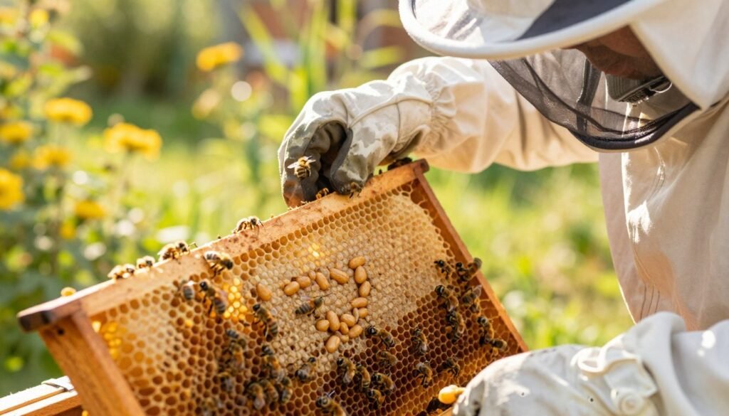 A close-up view of a beekeeper, dressed in professional attire with a protective veil, inspecting a honeycomb frame under natural sunlight. The foreground shows the beekeeper’s gloved hands delicately examining the frame, highlighting several queen cells - elongated and peanut-shaped, nestled amongst the worker bee cells. In the middle, the honeycomb is detailed with bees actively tending to their hive, creating a sense of urgency and care. The background features a vibrant garden in soft focus, lending a warm, sunny atmosphere to the scene. The lighting is soft and diffused, enhancing the golden hues of the honeycomb and illuminating the distinctive features of the queen cells. The overall mood conveys meticulous inspection and a connection to nature. A close-up view of a beekeeper, dressed in professional attire with a protective veil, inspecting a honeycomb frame under natural sunlight. The foreground shows the beekeeper’s gloved hands delicately examining the frame, highlighting several queen cells - elongated and peanut-shaped, nestled amongst the worker bee cells. In the middle, the honeycomb is detailed with bees actively tending to their hive, creating a sense of urgency and care. The background features a vibrant garden in soft focus, lending a warm, sunny atmosphere to the scene. The lighting is soft and diffused, enhancing the golden hues of the honeycomb and illuminating the distinctive features of the queen cells. The overall mood conveys meticulous inspection and a connection to nature.