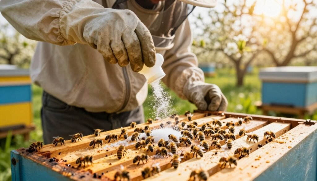 A close-up view of a beekeeper gently administering a sugar shake treatment to a frame of bees in a vibrant apiary. In the foreground, detailed focus on the bees buzzing around the sugar dust, highlighting their delicate wings and fuzzy bodies. The middle ground features the beekeeper in modest casual clothing, wearing protective gloves and a veil, carefully shaking the frame to ensure even distribution of sugar. The background showcases a lush spring landscape, with blooming flowers and greenery, bathed in warm, golden sunlight suggesting a serene morning atmosphere. The image captures a sense of diligence and care in the process of establishing early mite counts, with a shallow depth of field for an engaging perspective.